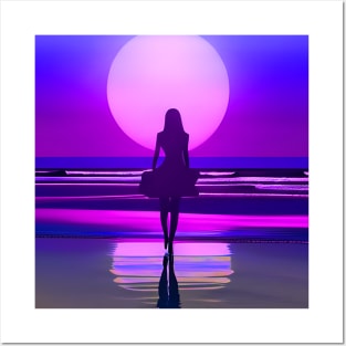 Woman watching sunset at the beach Posters and Art